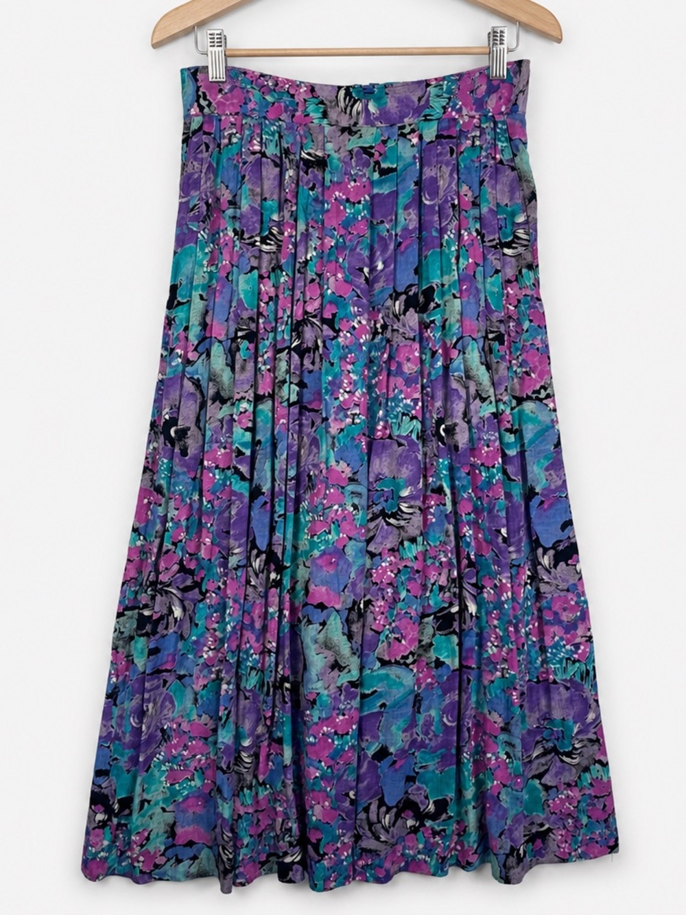 Vintage Componix Rayon Floral Pleated Midi Skirt Purple Teal Large